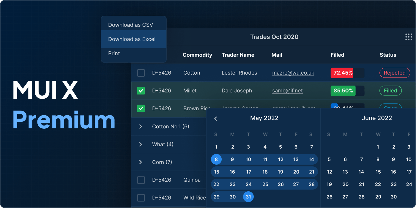 Promotional image of MUI X Premium plan release showcasing Data Grid's new features (such as Download data as an Excel file) and Date Range Picker